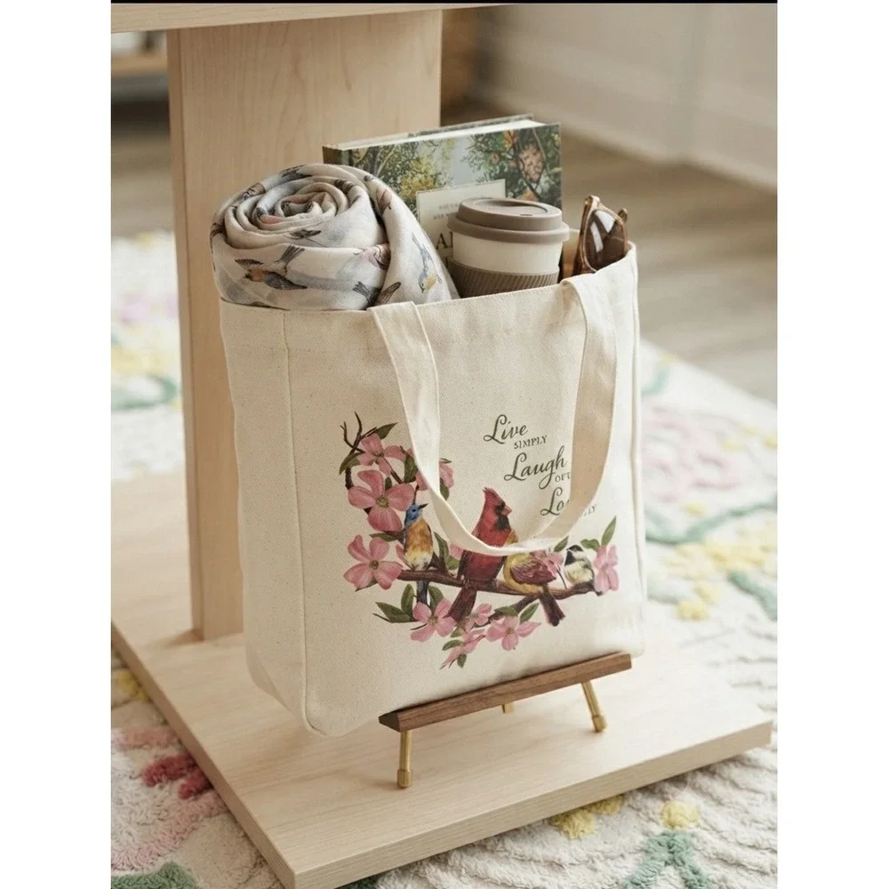 Live Simply Laugh Often Love Deeply Bird Canvas Tote Bag Cream Floral SKU 368632